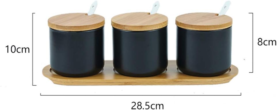 Gewürzdosen mit Löffel und Bambusdeckel, 3er-Set, Schwarz, 3er Set