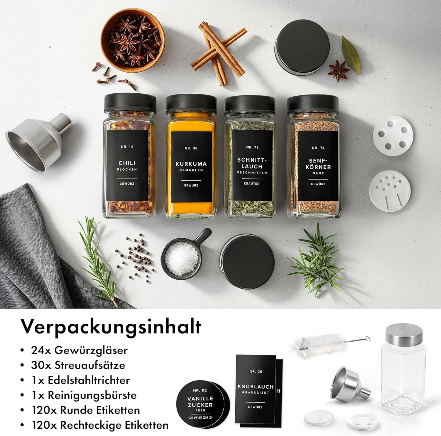 24-teiliges Gewürzgläser-Set mit Streueinsatz, Schwarzer Edelstahl Deckel
