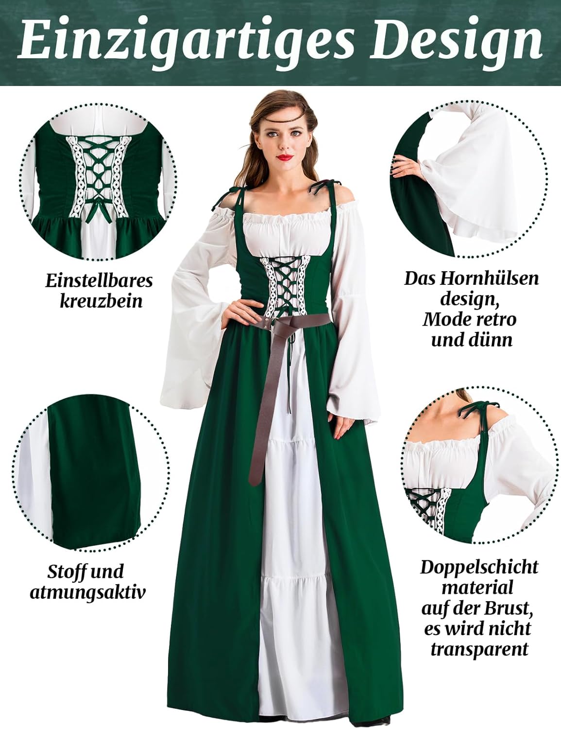 Renaissance Damenkleid mit Kapuze und Langarm, Grün XL