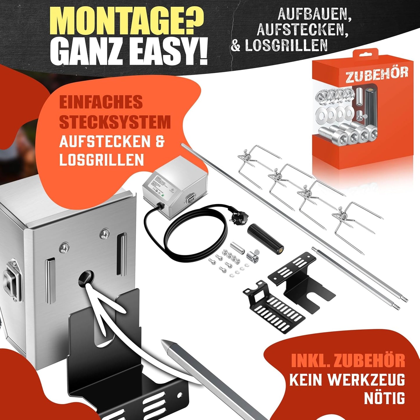 Edelstahl Grillspiess Set für Gasgrill mit Drehmotor, Silber
