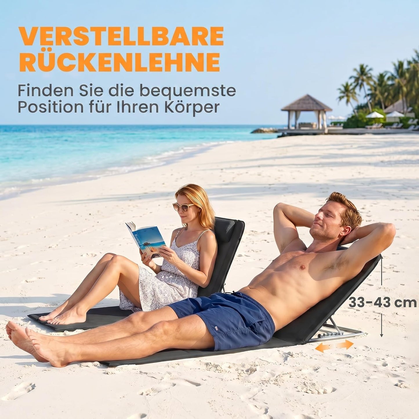 2 x Sonnenliegen mit verstellbarer Rückenlehne, Schwarz