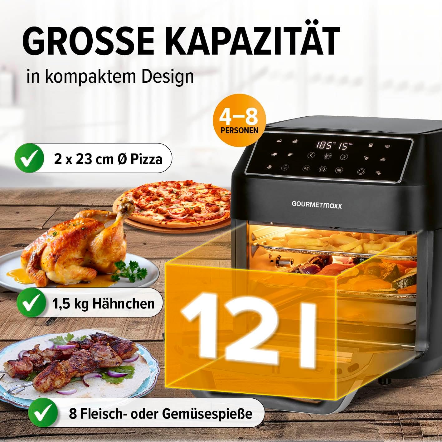 Heissluftfritteuse mit 10 Funktionen und Zubehörset, Mattschwarz 12 Liter