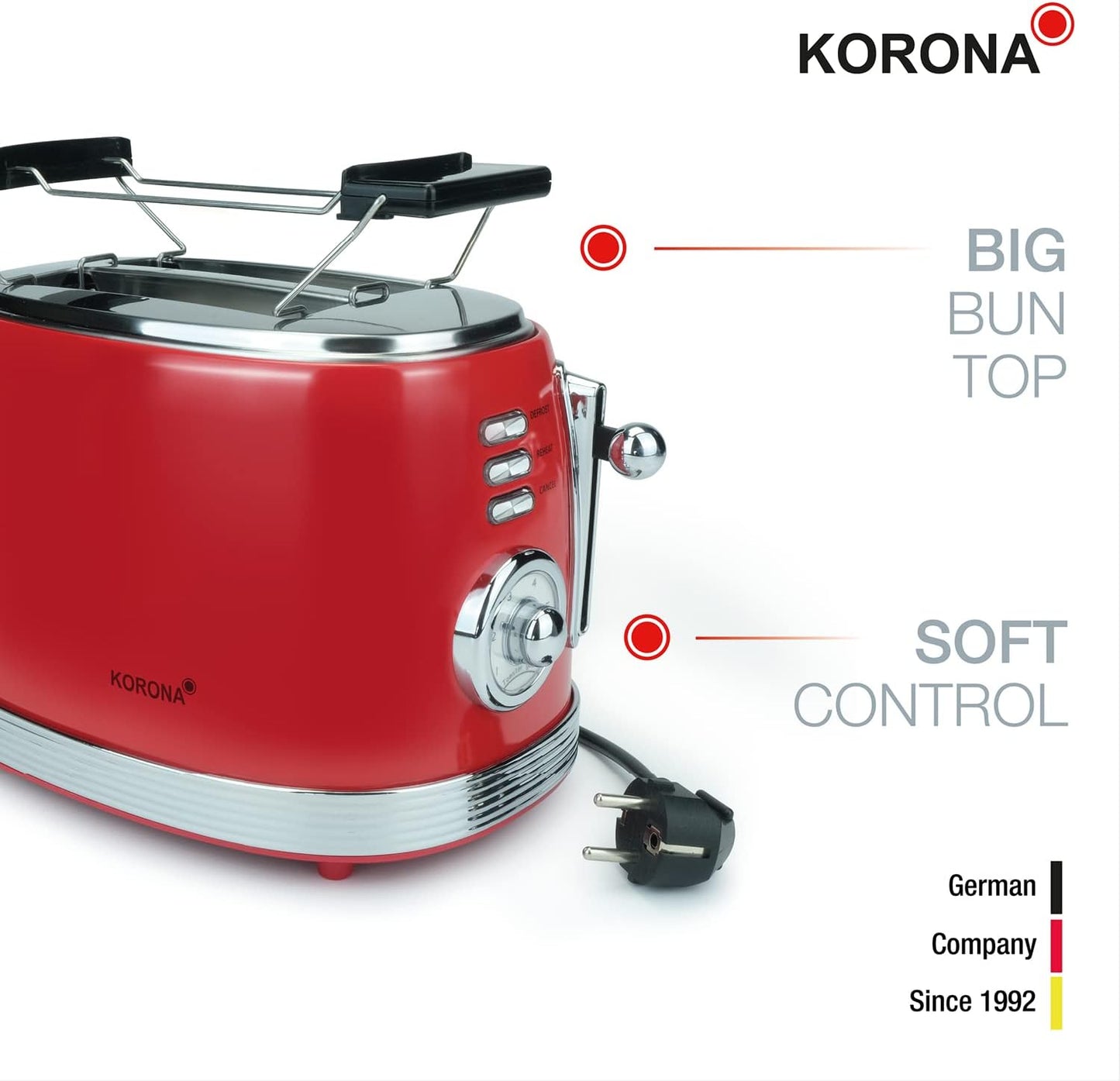 Retro Toaster mit Brötchenaufsatz für 2 Scheiben, Rot