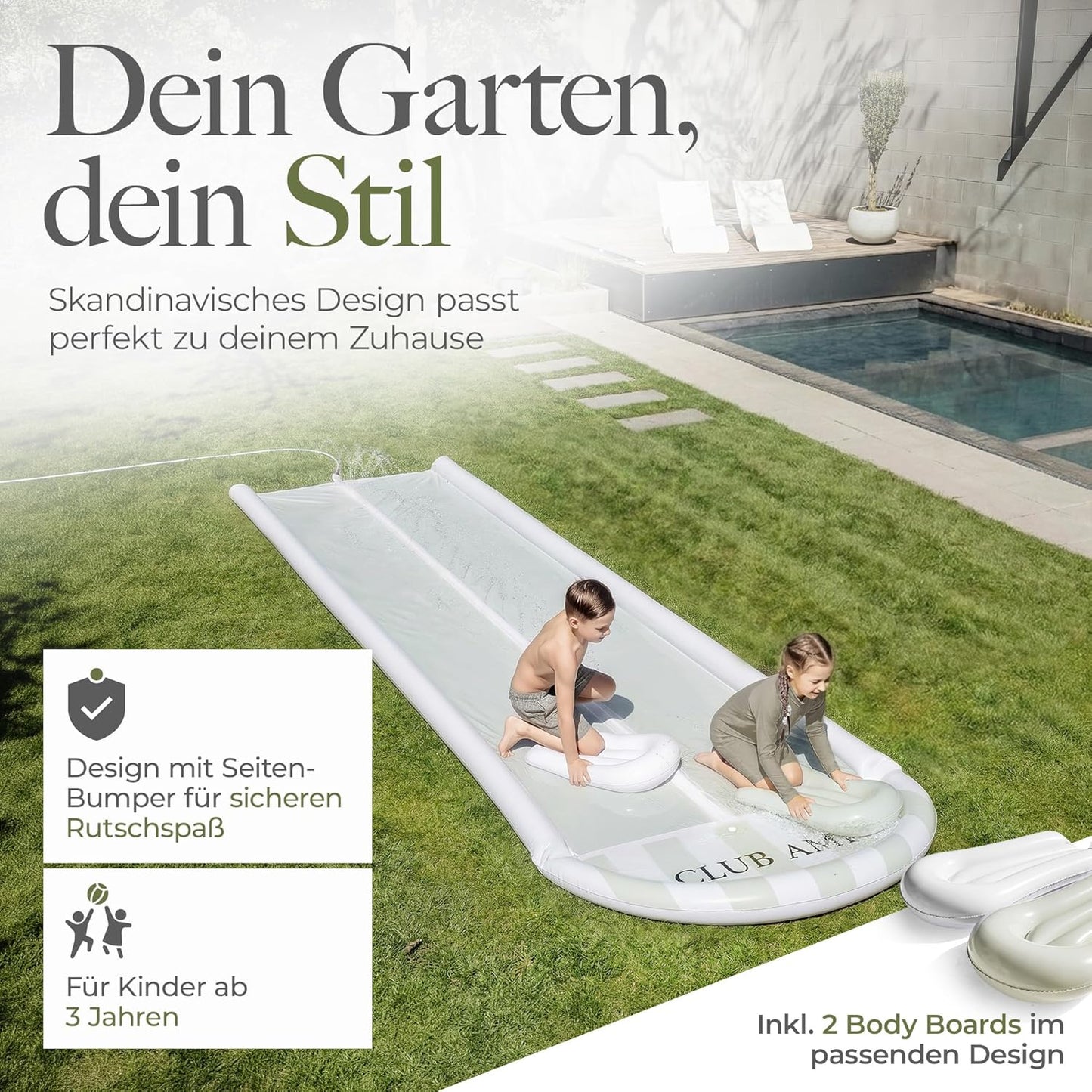 Wasserrutsche mit Bodyboards und Sprinkler, 153x580 Weiss/Grün