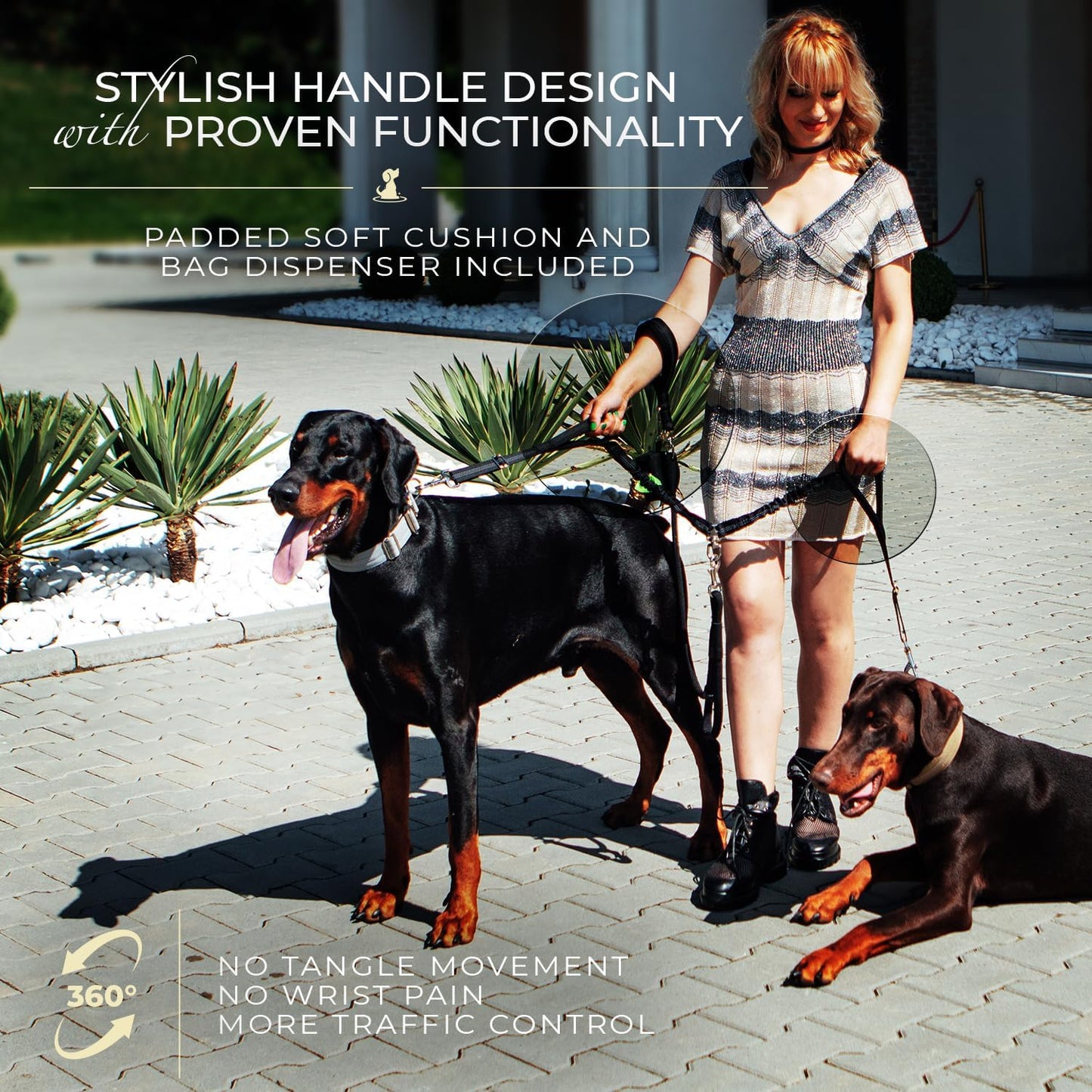Doppel-Leine für Zwei Hunde, stossdämpfend, verstellbar, Einstellbar Premium Gold Für 2 mittelgrosse/grosse Hunde
