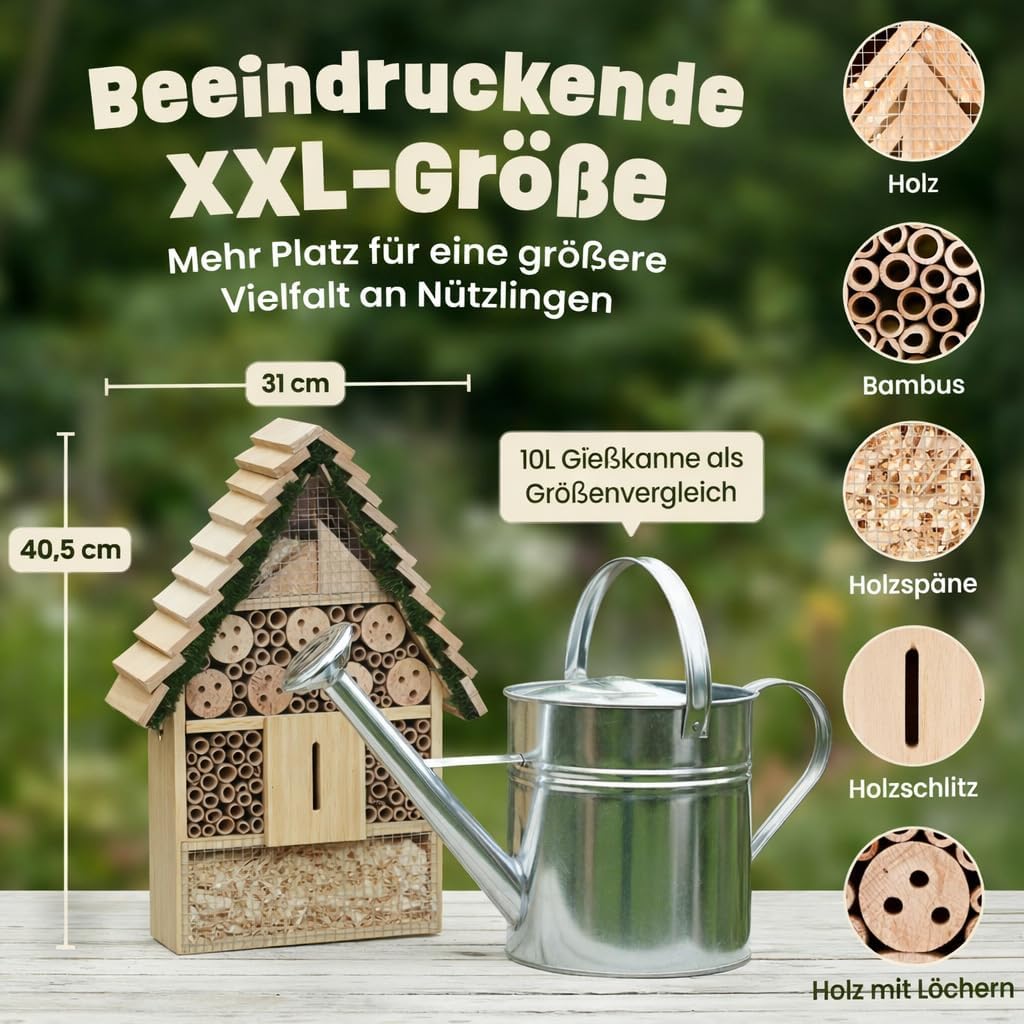 Insektenhotel XXL mit Bambus Nisthilfe (40,5 cm), XXL Insektenhotel – Stufendach (40,5 cm)