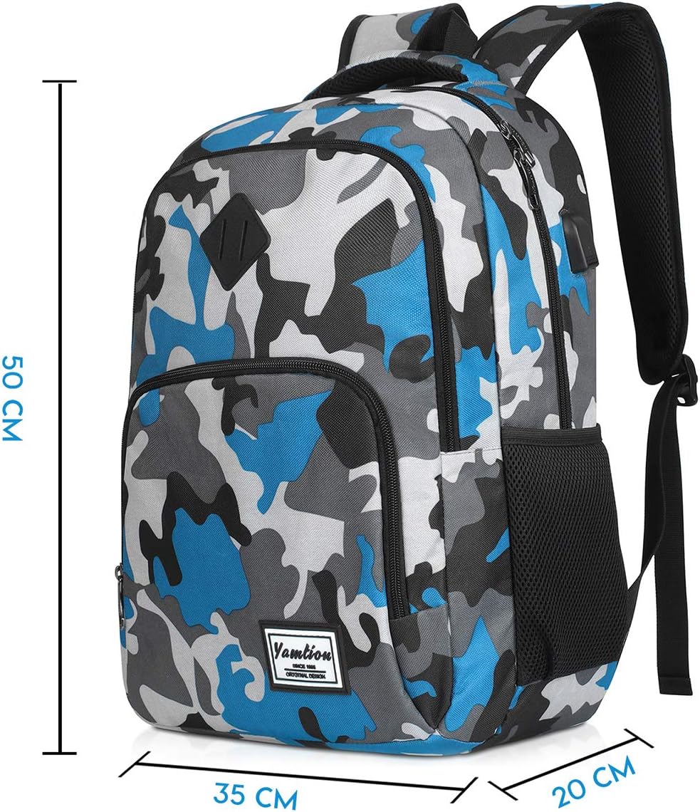 Schulrucksack mit USB-Ladeanschluss und Laptopfach, 15.6" B6-tarnung Blau