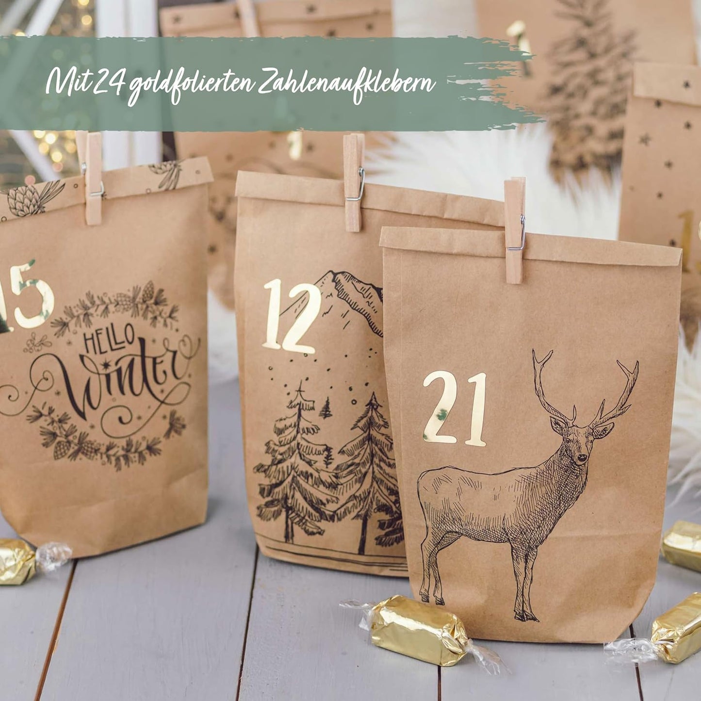 Adventskalender 2025 zum Befüllen (DIY-Set), Packpapier-schwarz