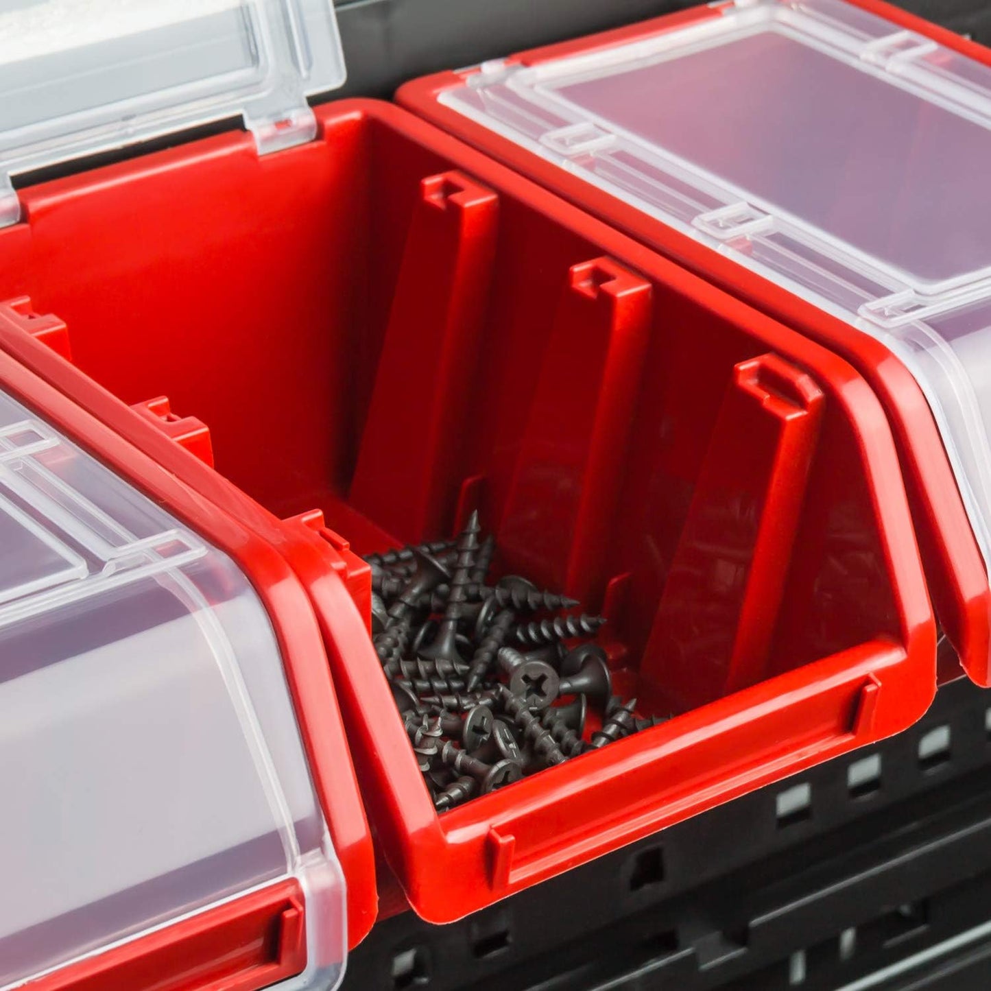 Wandregal mit 21 Sichtlagerkästen, 21 Box Rot