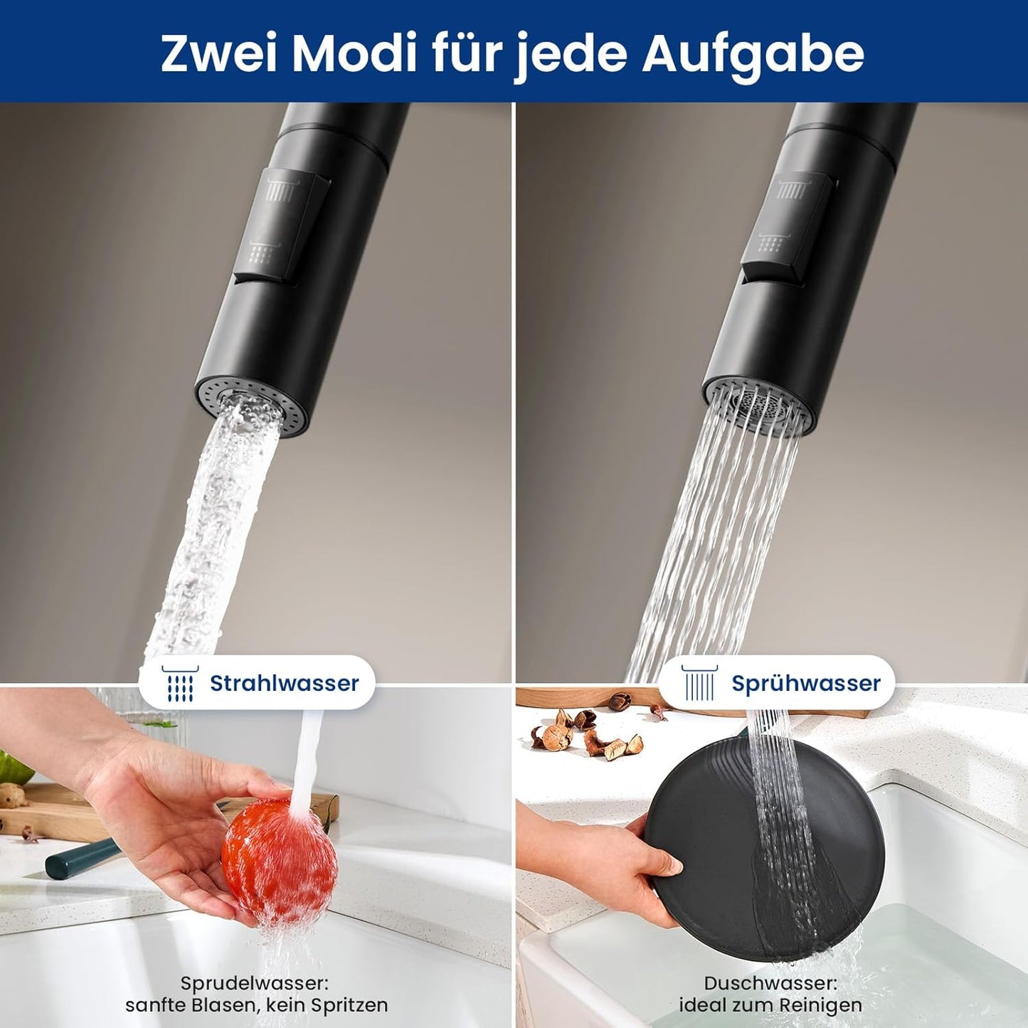 Ausziehbare Küchenarmatur mit Brause, U-Form, Ausziehbar Schwarz