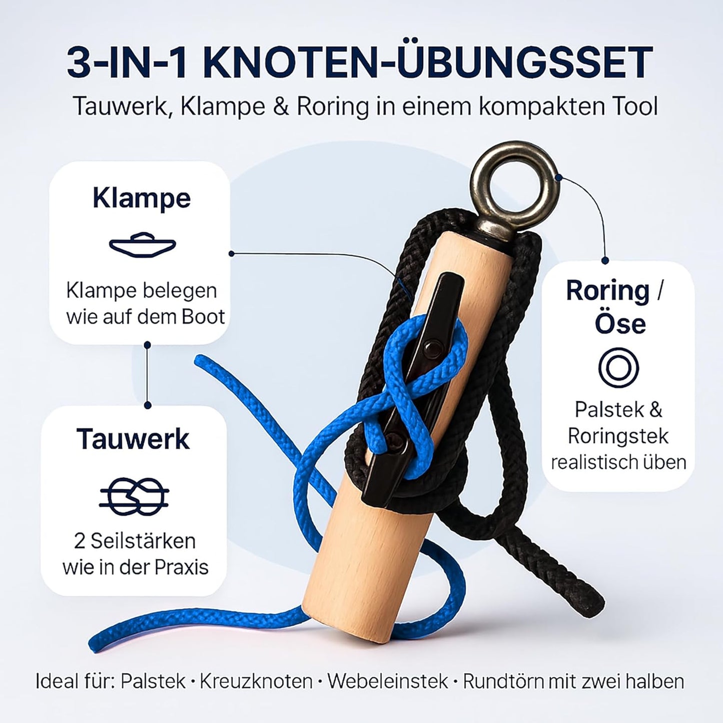 Knoten Übungsset für Bootsführerschein & Feuerwehr, Schwarz/Blau