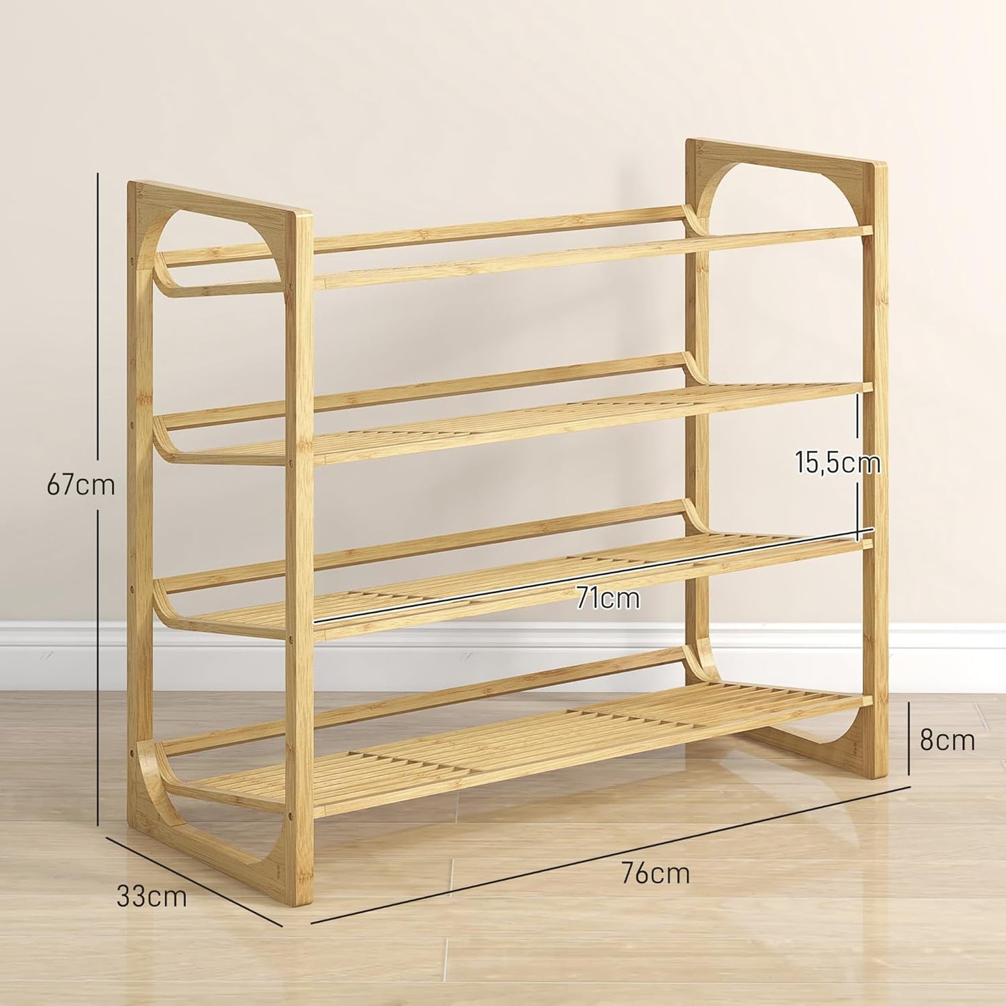 Schuhregal mit 4 Ebenen, 76L x 33B x 67H cm