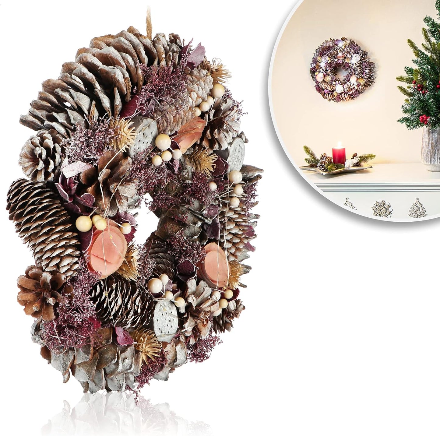 Weihnachtskranz mit warmweissen LEDs und Timer, Grösse 2 - L Led - Zapfen + Blüten - Rosa + Lila