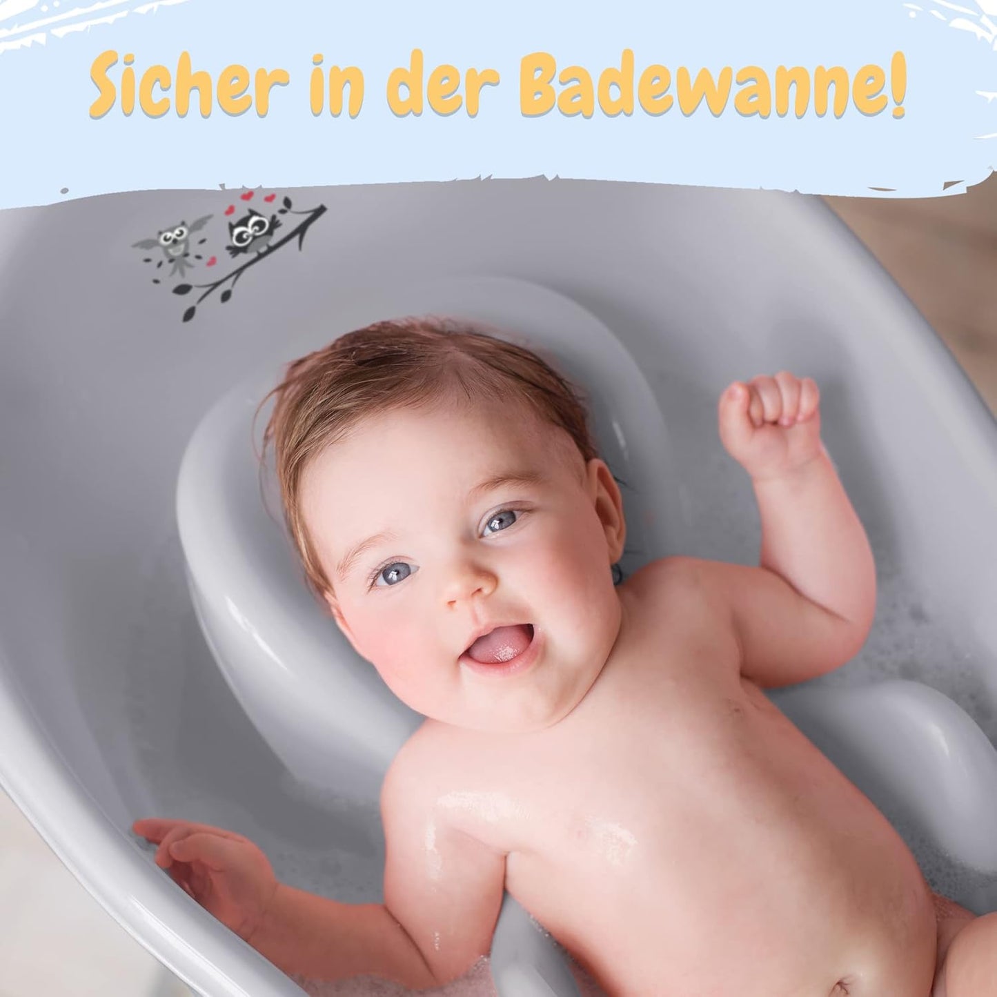 Babybadewanne Eule mit Neugeborenensitz, 2 - Set Eule - grau