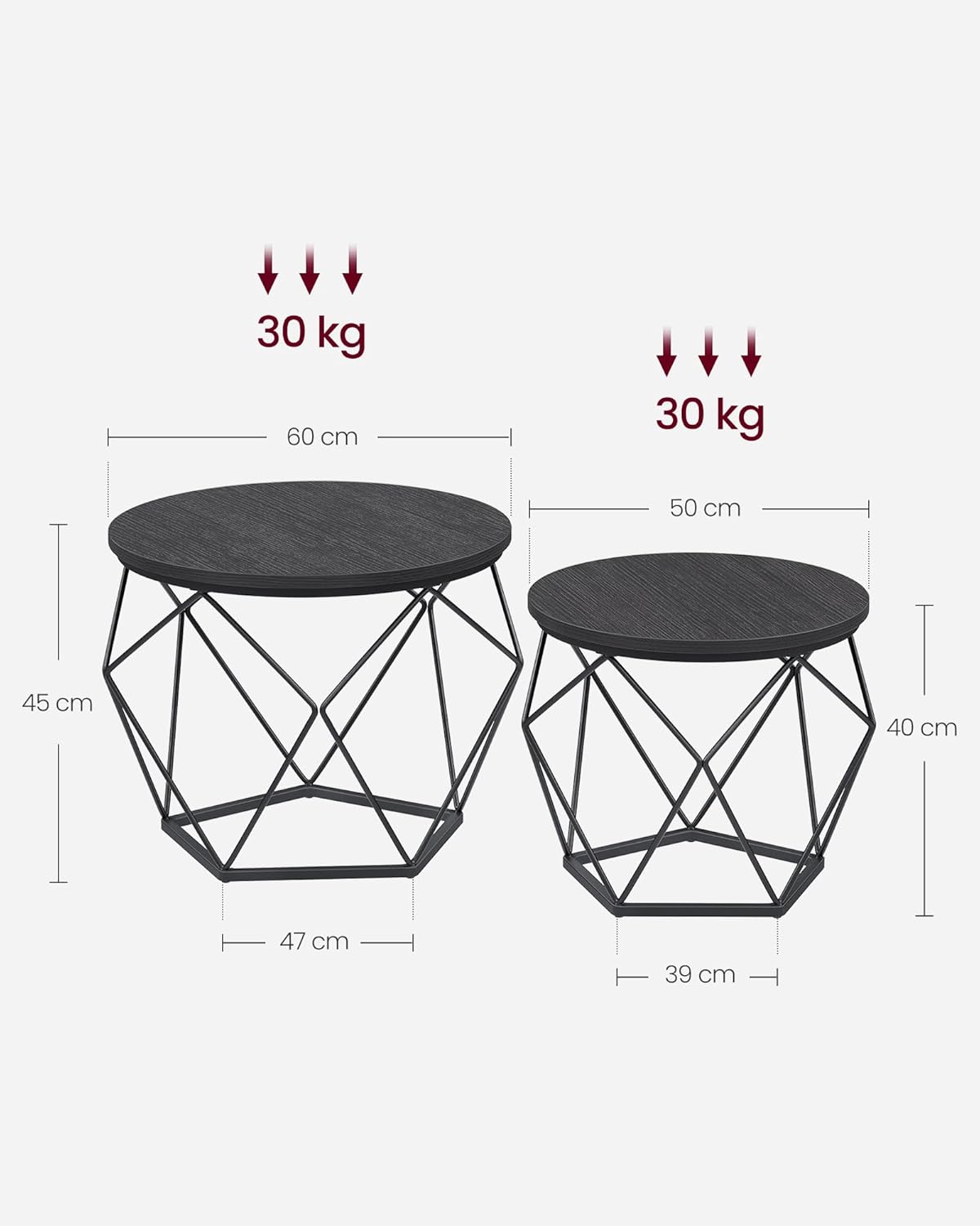 Runder Couchtisch 2er-Set mit abnehmbarer Platte, LCT041B22, 60 cm d, 45 cm H Tintenschwarz