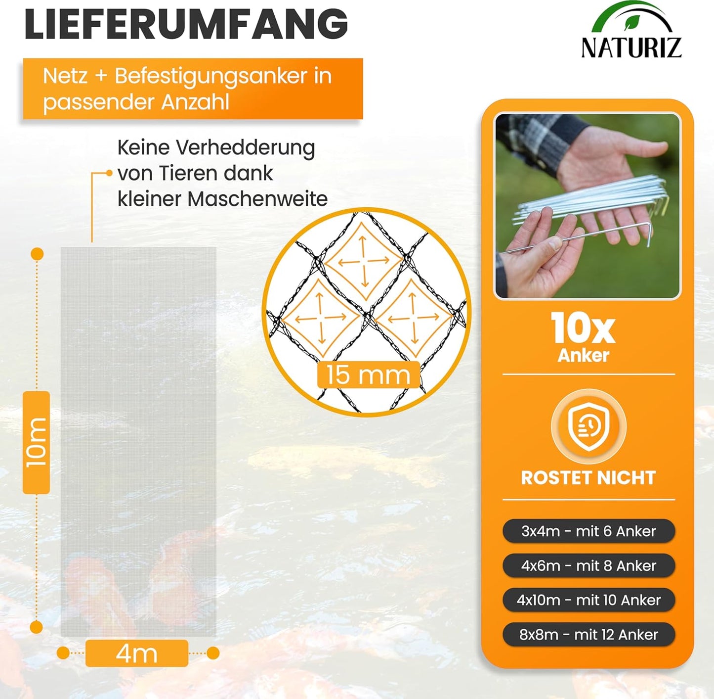 Teichnetz & Vogelschutznetz, 4 x 10 m, feinmaschig, 4 x 10 m