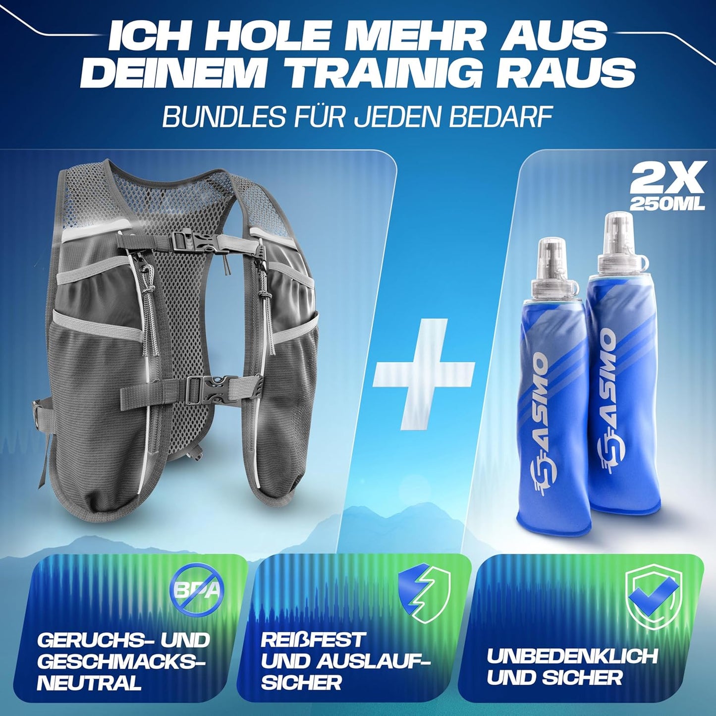 Trinkweste mit 8 Taschen, 5L - grau - mit 2x250ml 5L