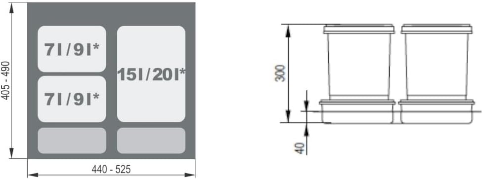 5-teiliger Abfalltrennsystem für Schubladen, 60cm 1x15L 2x7L 2xKunststoffschale
