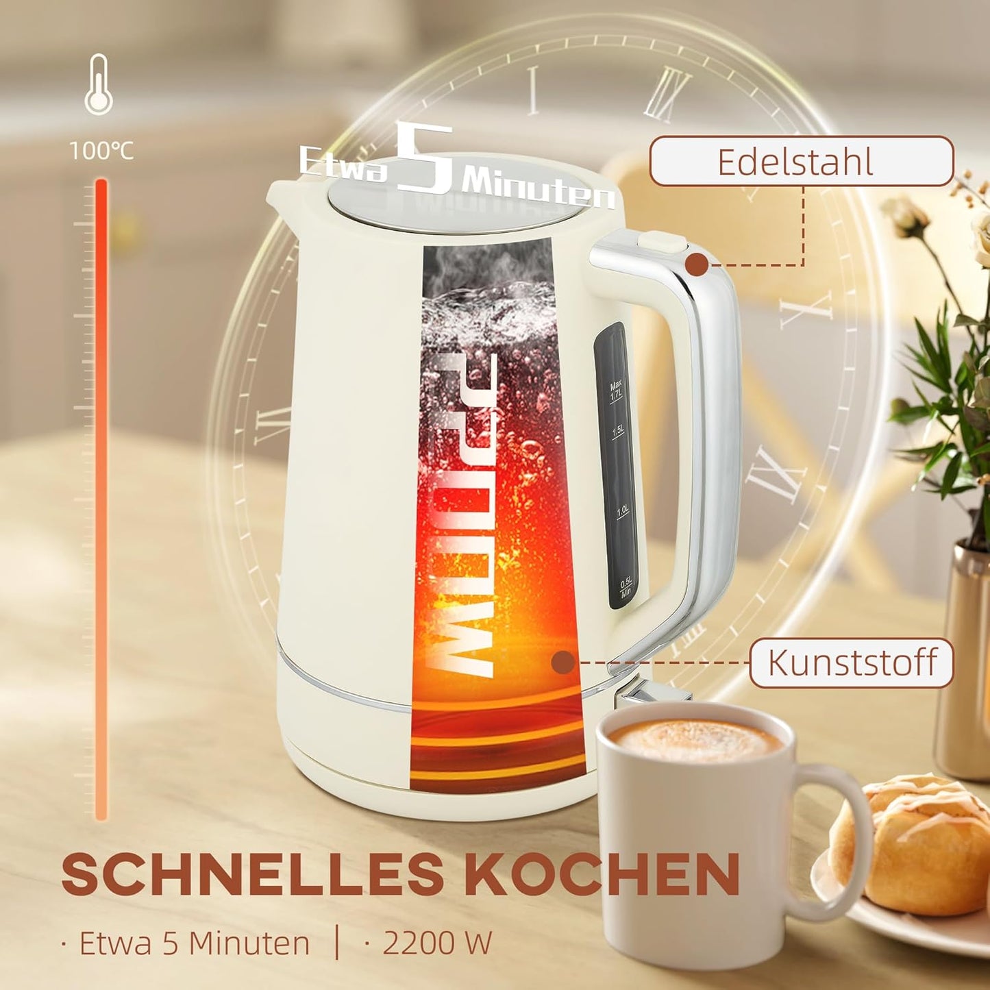 Wasserkocher Toaster Frühstücks-Set mit Kalkfilter, Beige
