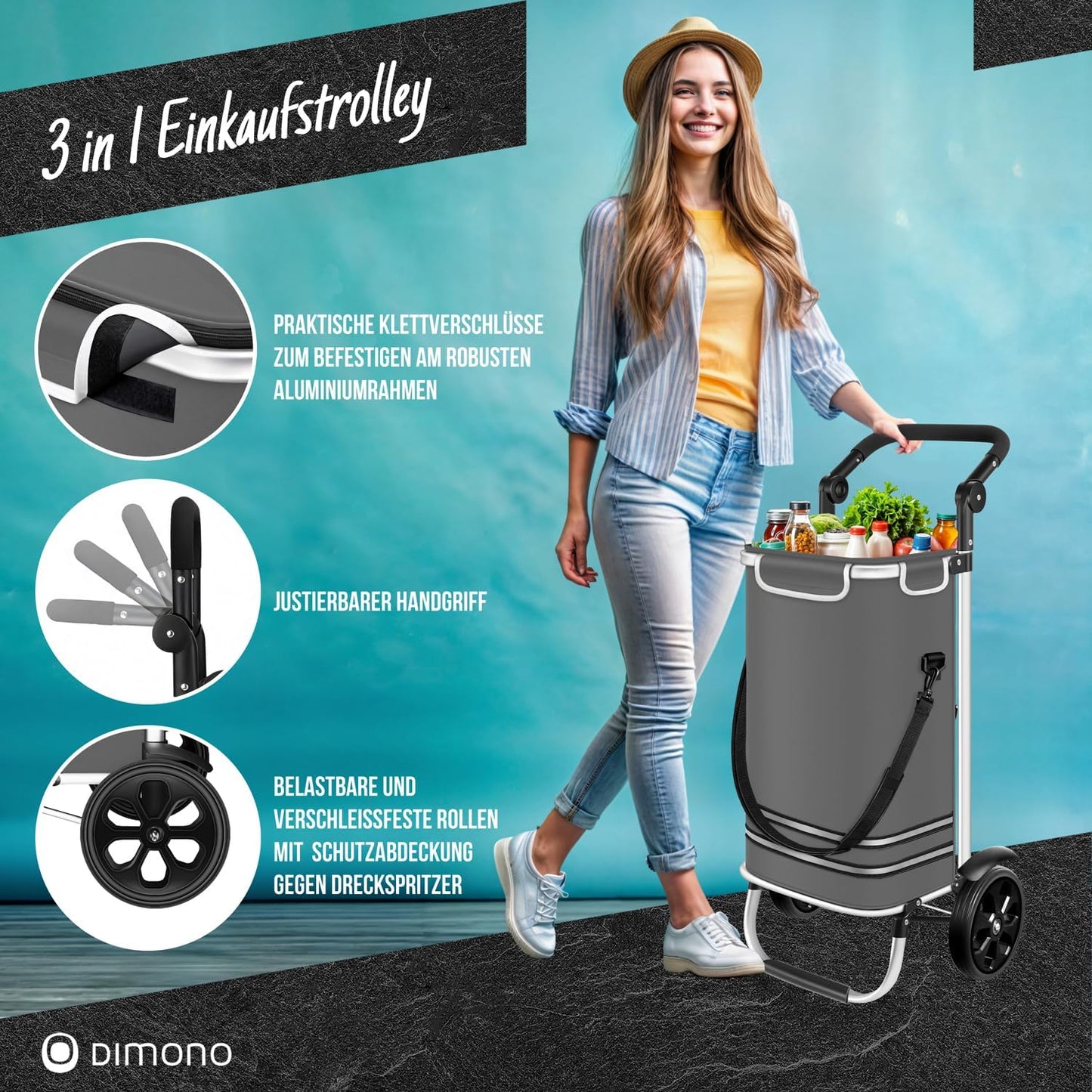 Klappbarer Einkaufstrolley mit Kühlfach, 56 Liter, 30 kg, Grau