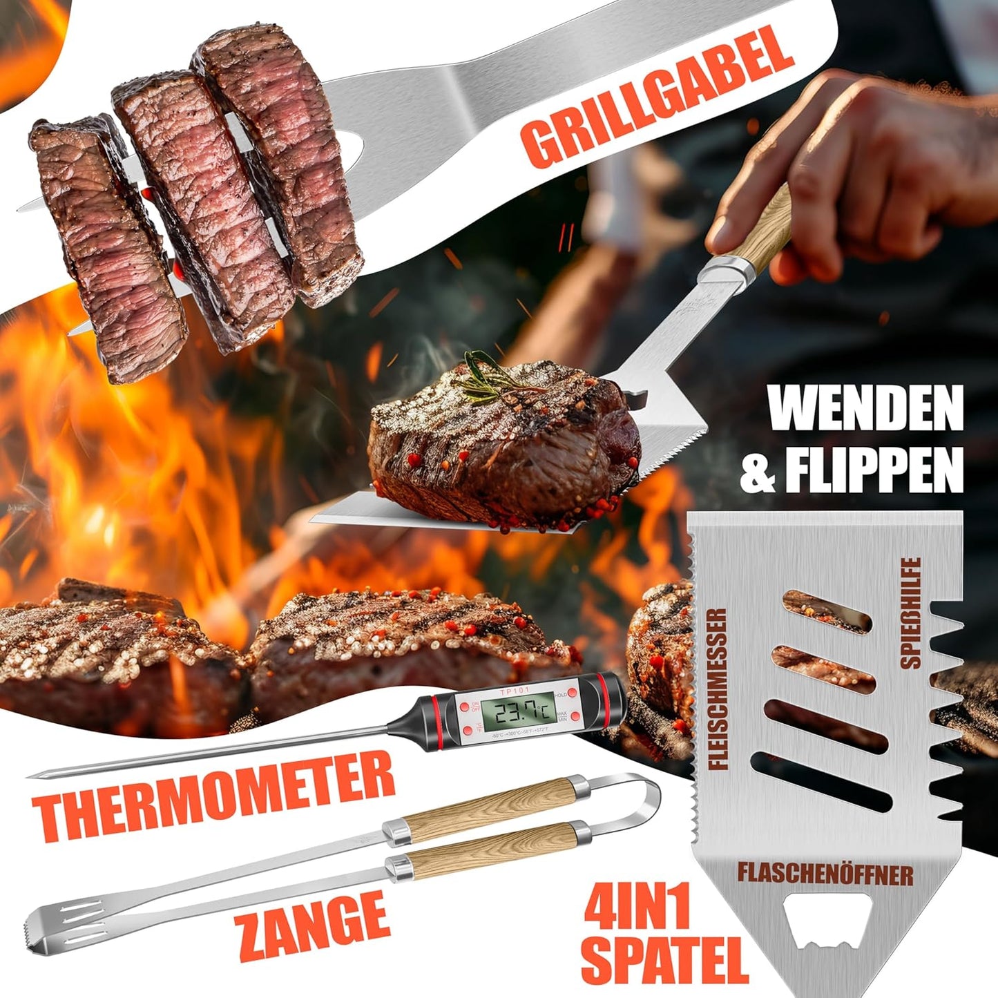 37-teiliges Grillbesteck Set, Beige