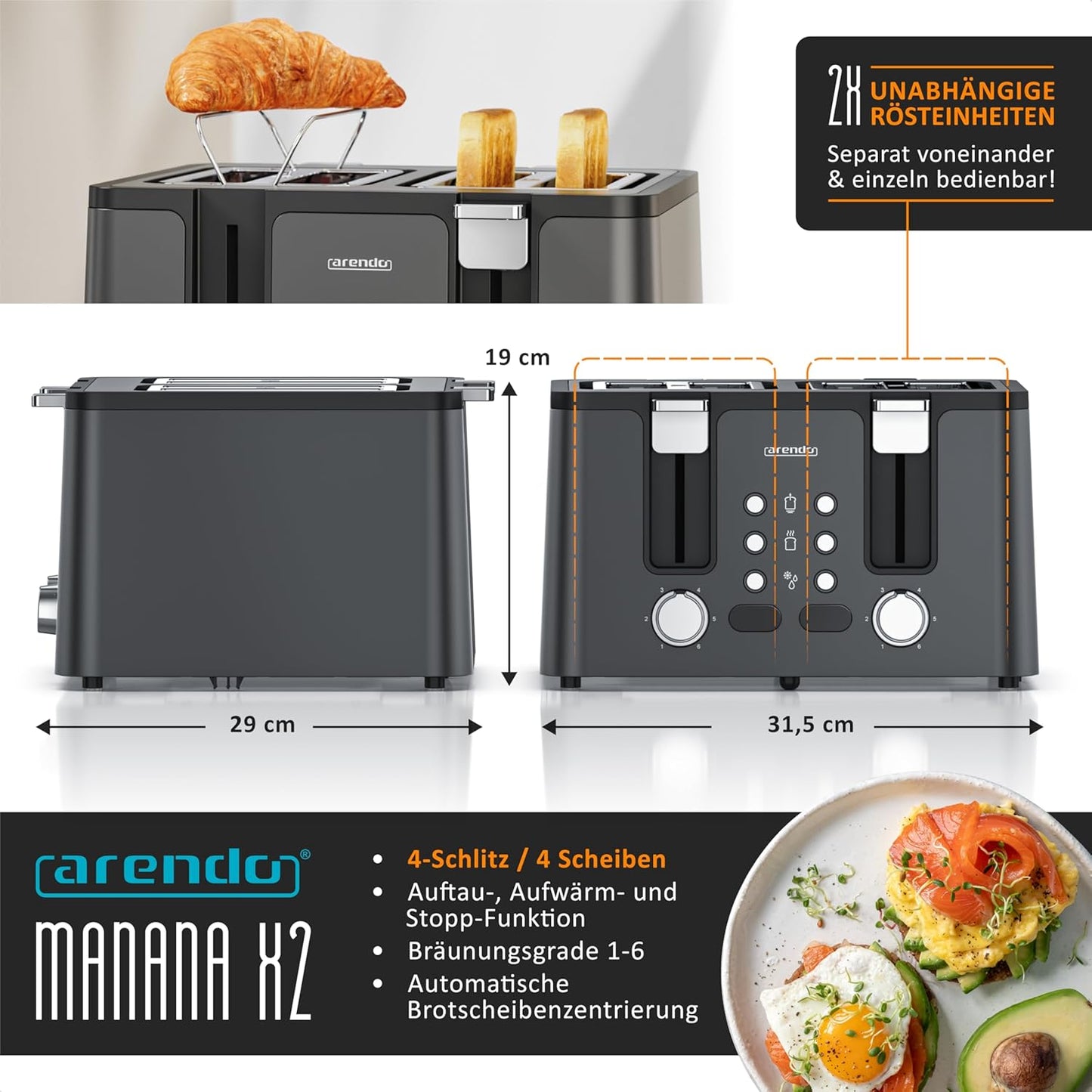 Toaster Manana X2 mit 4 Scheiben und Brötchenaufsatz, D: Cool Grey