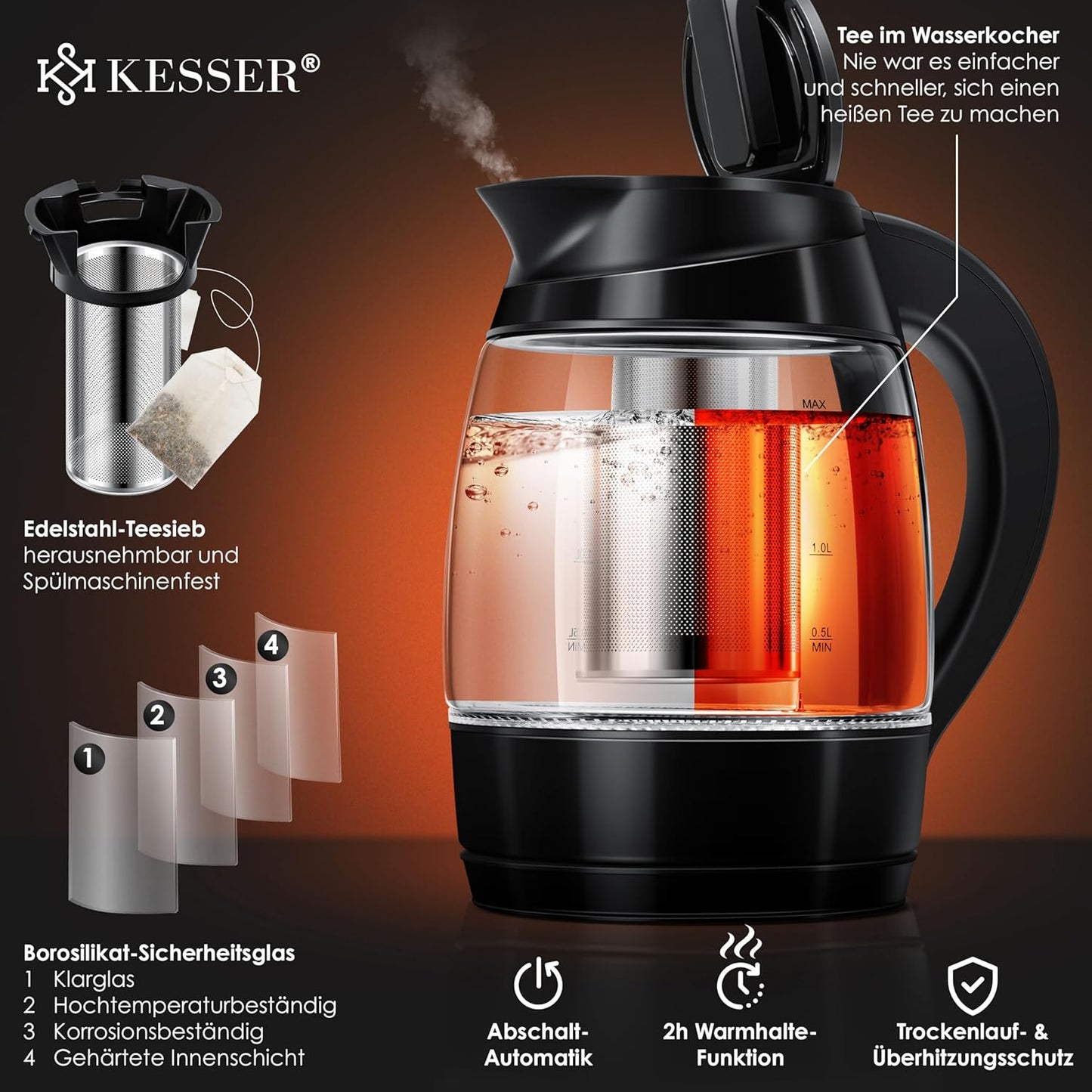 Wasserkocher mit LED & Teesieb, Schwarz/Schwarz