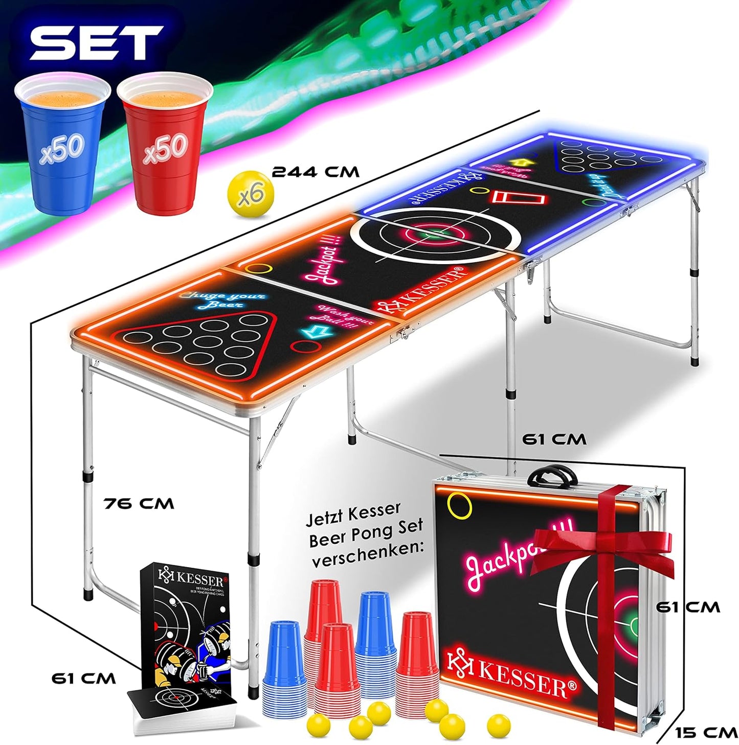 Bier Pong Tisch Set mit LED und Kartenspiel, Classic mit Led + Kartenspiel