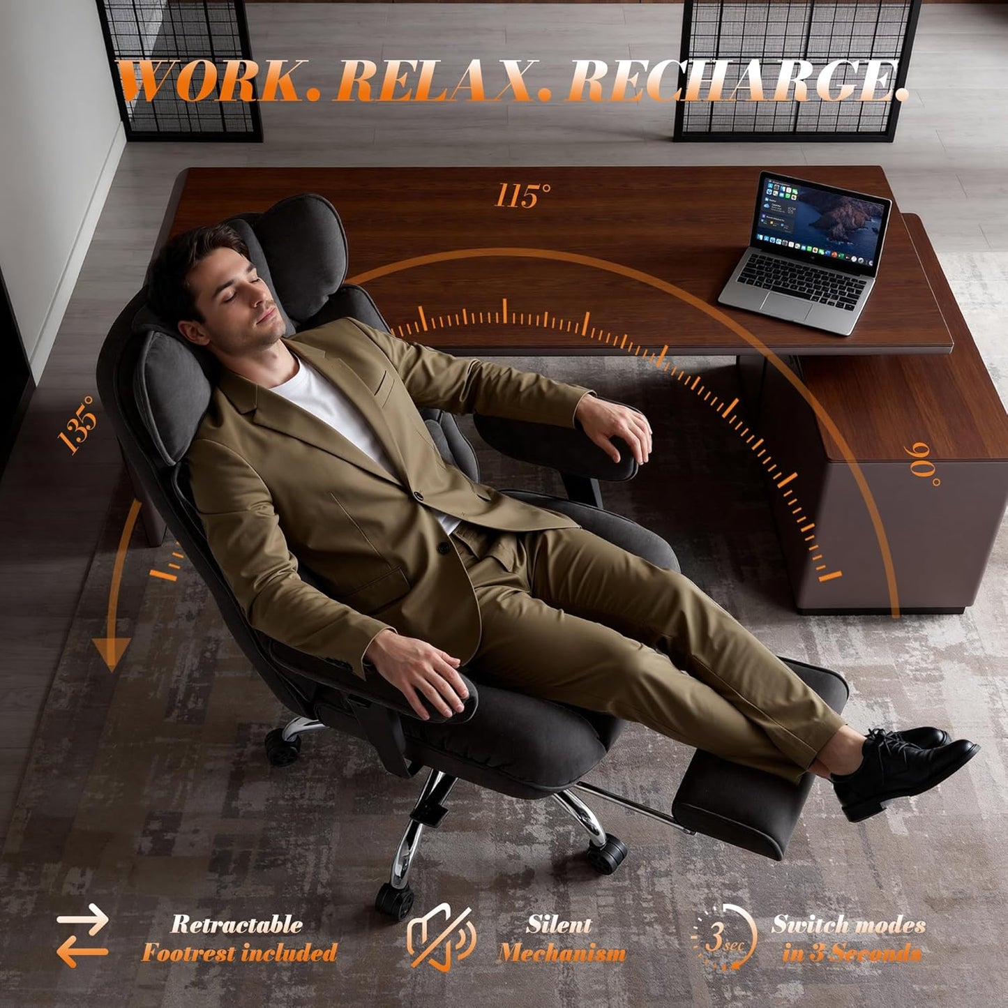 Ergonomischer Stoff-Bürostuhl mit Fussstütze, Schwarz