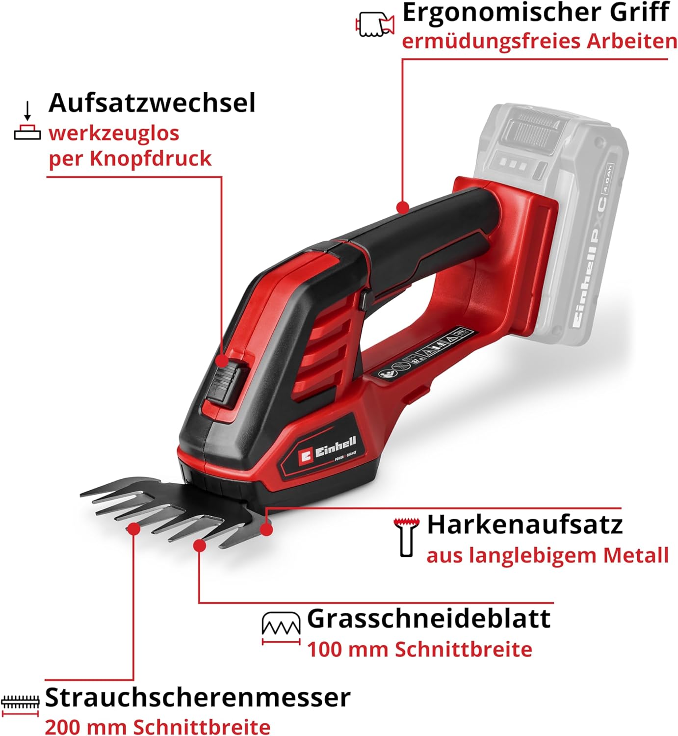 Akku-Gras-/Strauchschere 3 in 1, inkl. Harkenaufsatz