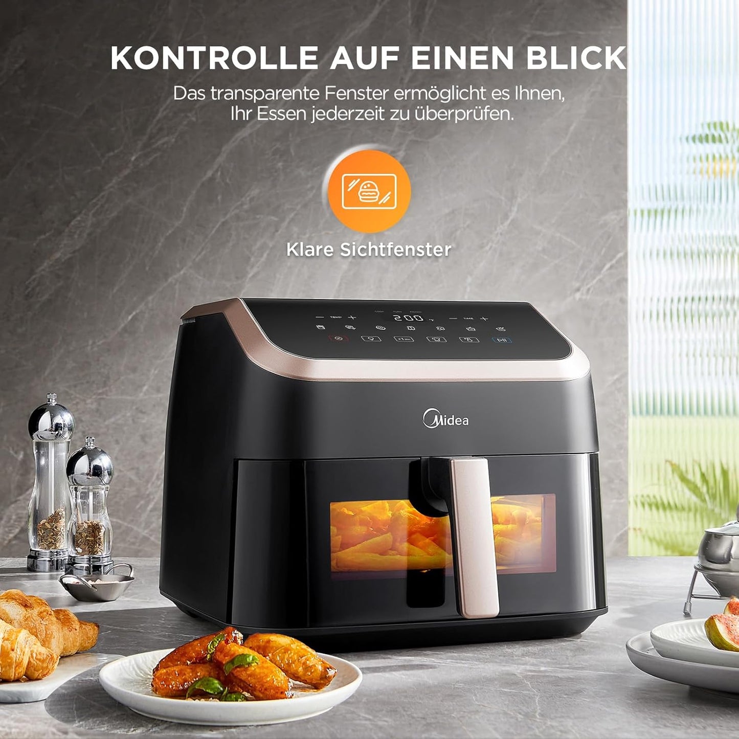 Heissluftfritteuse mit Sichtfenster, Schwarz/Roségold 8.5 L