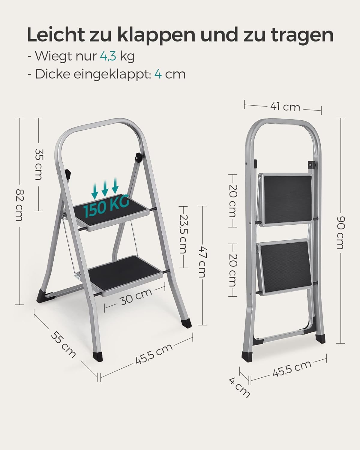 Trittleiter mit 2 Stufen, klappbar bis 150 kg, 2 Stufen (55T x 45,5B x 82H cm), Taubengrau