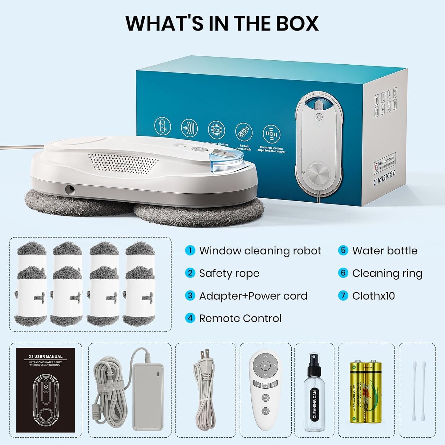X3 Fensterputzroboter mit Dual-Spray und KI-Pfadplanung, Weiss X3