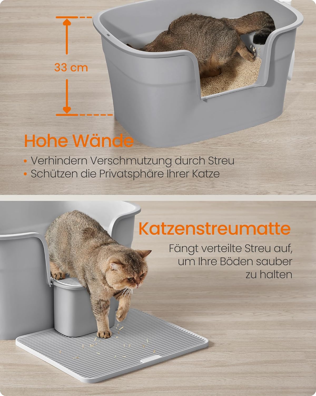 Extragrosse Katzentoilette mit Zubehör für Mehrkatzenhaushalte, taubengrau