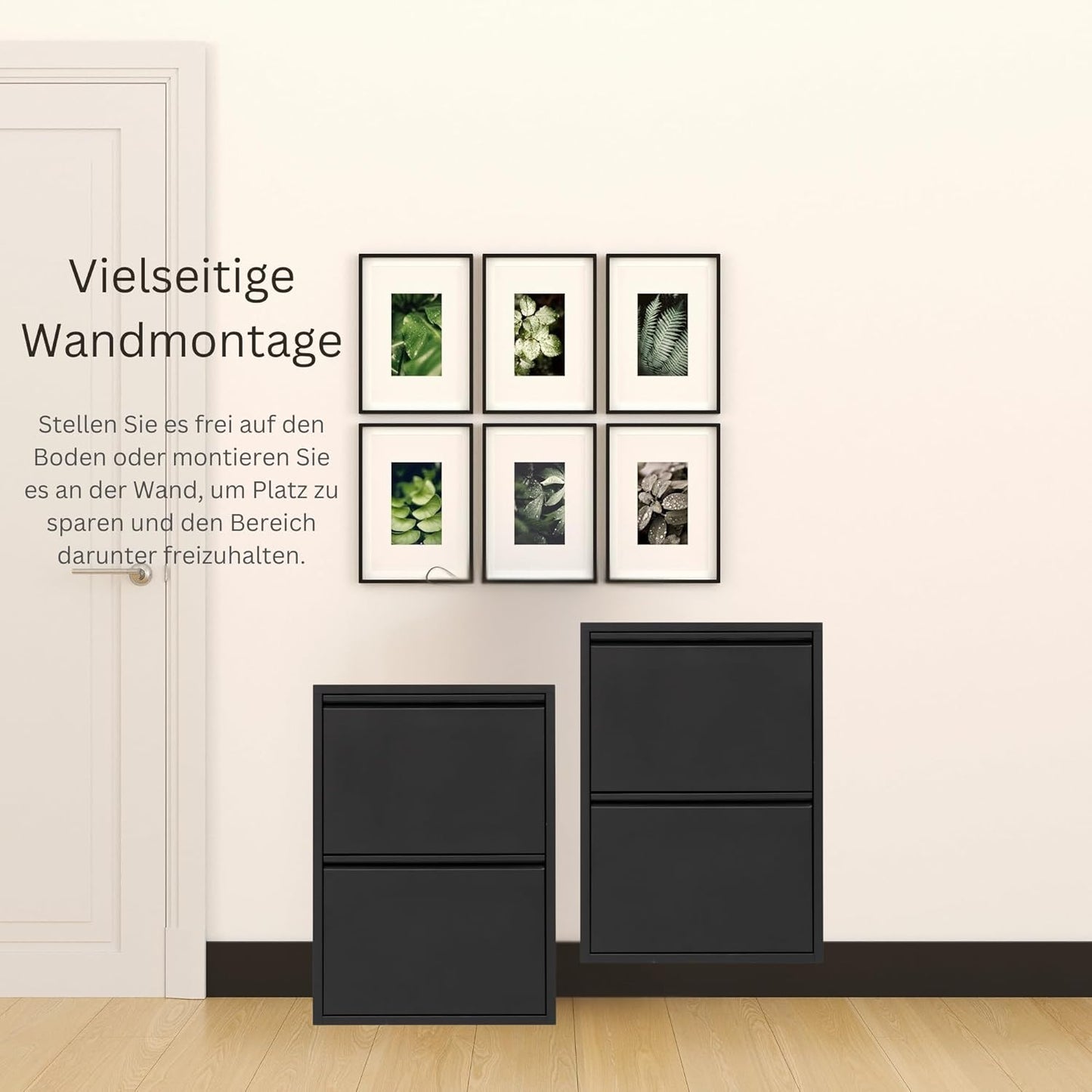 Schmaler Metall-Schuhschrank mit Magnetklappen, 2 Klappen Schwarz
