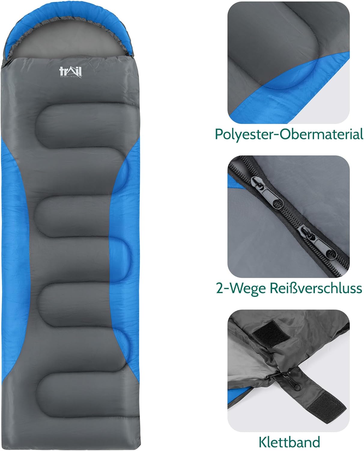 Trail-Alpin-Schlafsack mit Kapuze, Blau - 3 Jahreszeiten