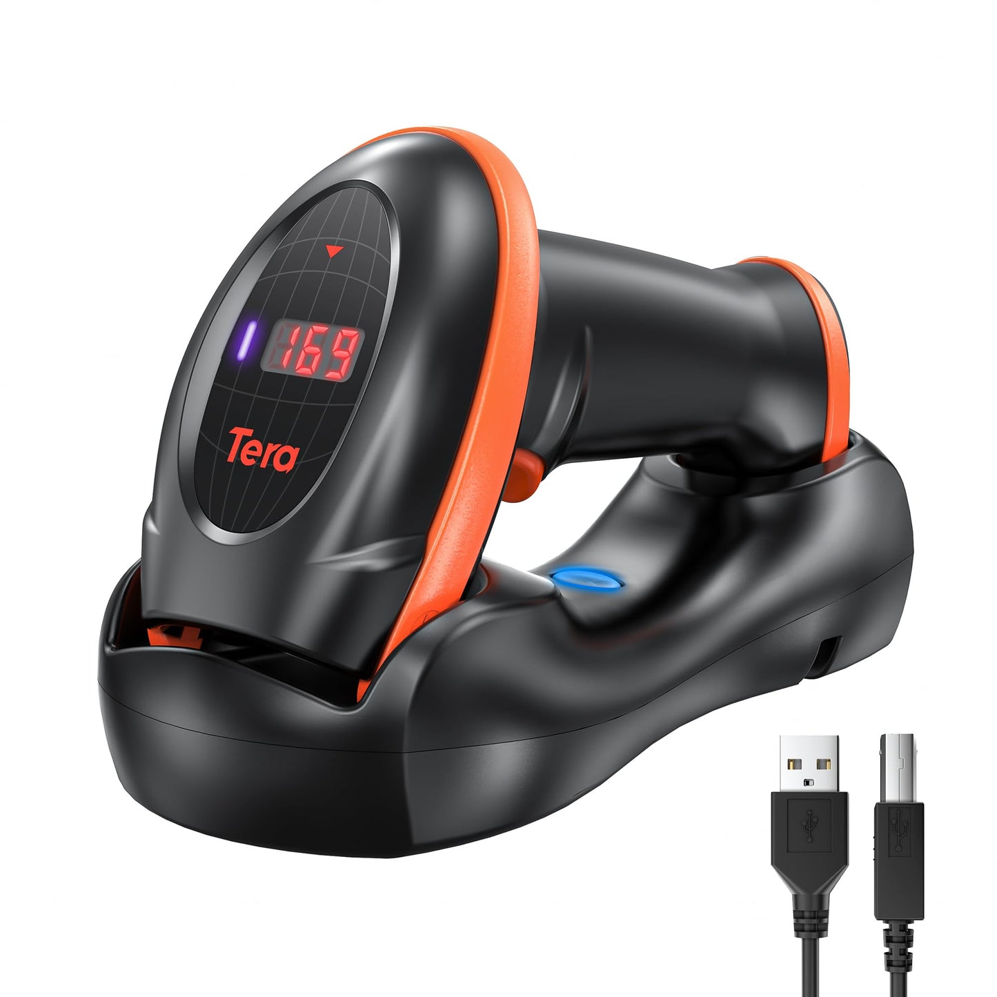 2D/1D Barcode-Scanner mit Ladestation und USB-Kabel, Mandarinfarben