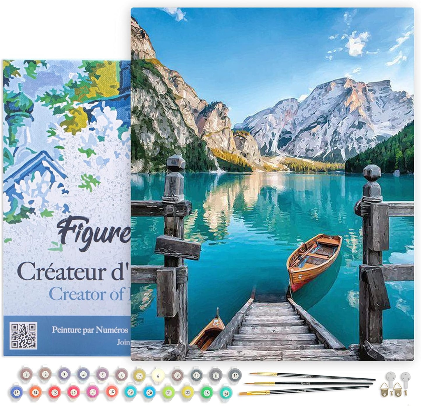 Malen nach Zahlen Set Boot am Bergsee, Boot auf einem Bergsee 40x50cm Mit Rahmen (bereits gespannt)