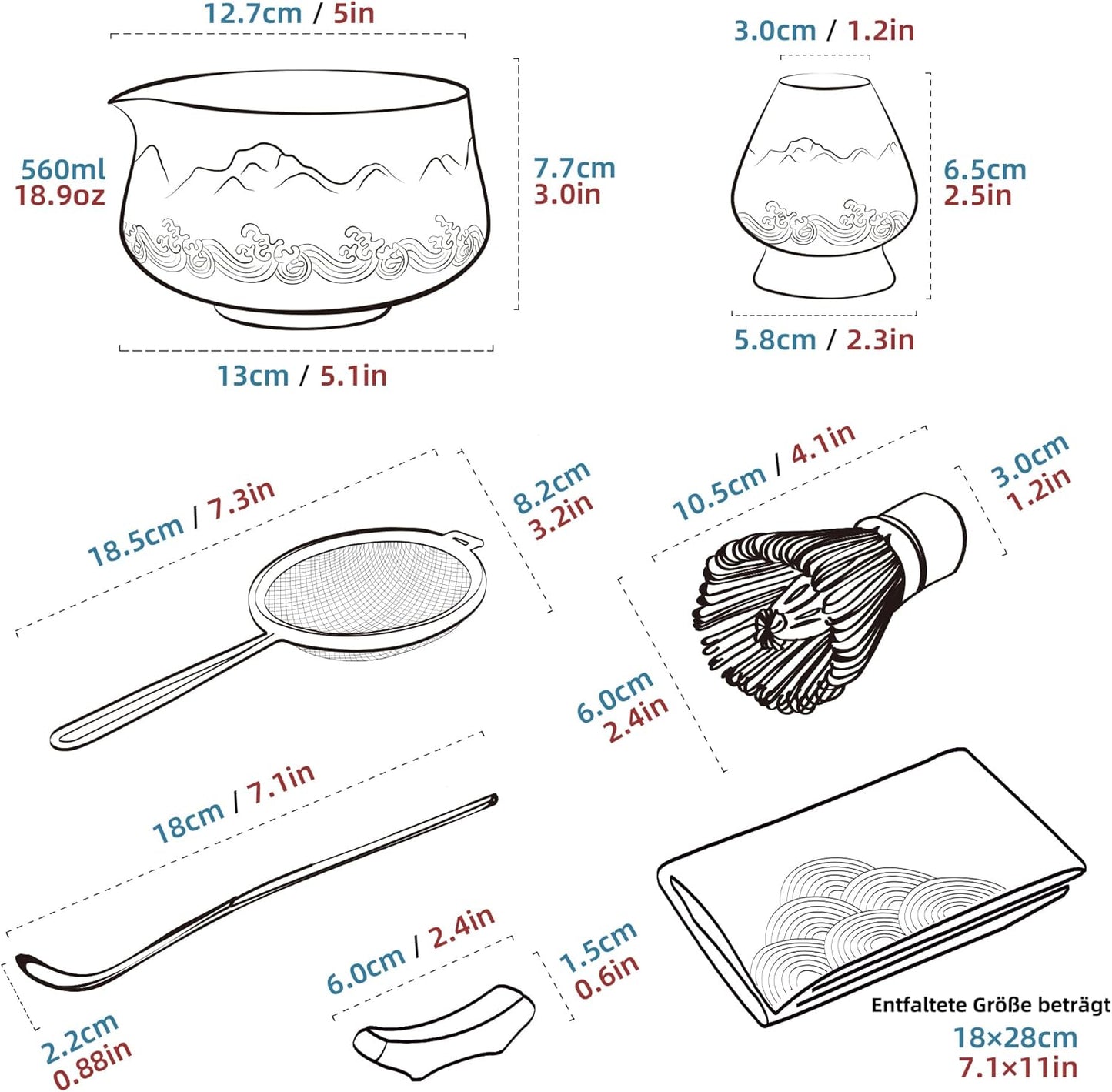7-teiliges Matcha-Tee-Set, 7Stück/Set, Schüssel mit Ausgießer Farbverlauf Marine