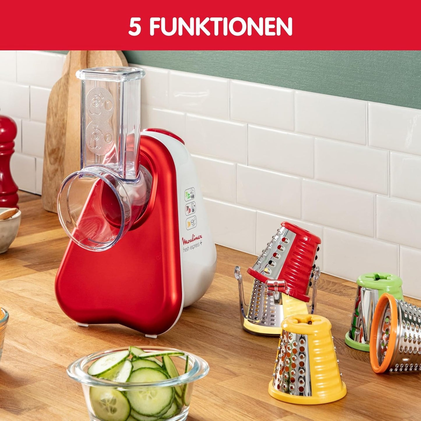 DJ756G Fresh Express Plus - Elektrischer Gemüseschneider mit 5 Einsätzen, Single