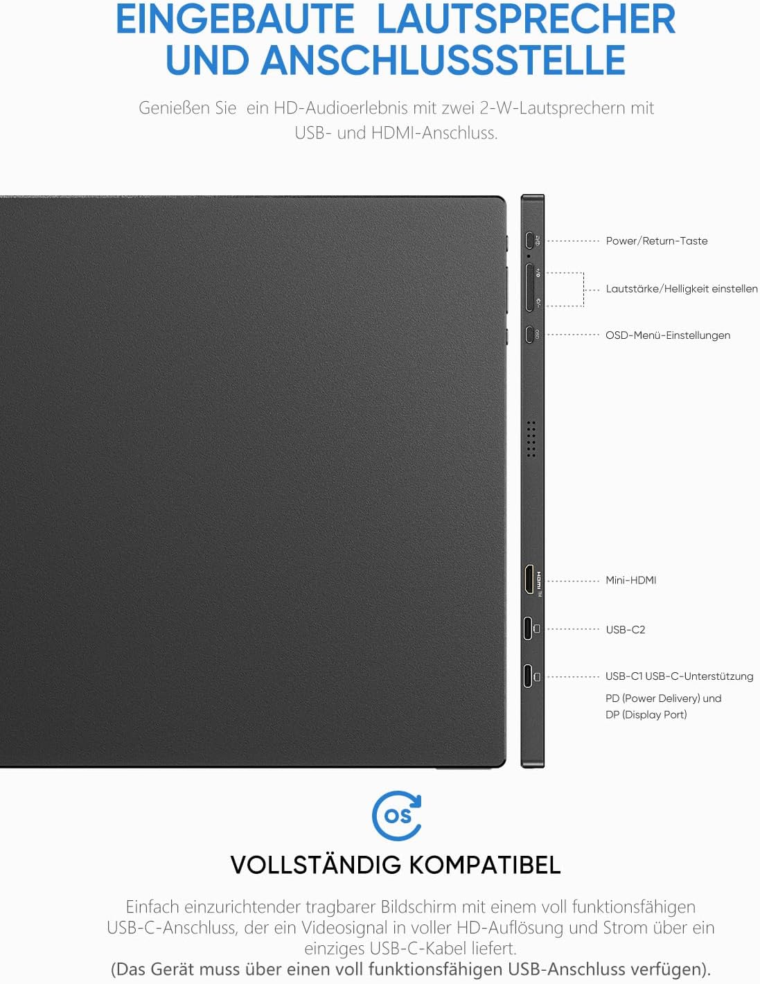 Portabler Monitor mit Full-HD-Display, Schwarz