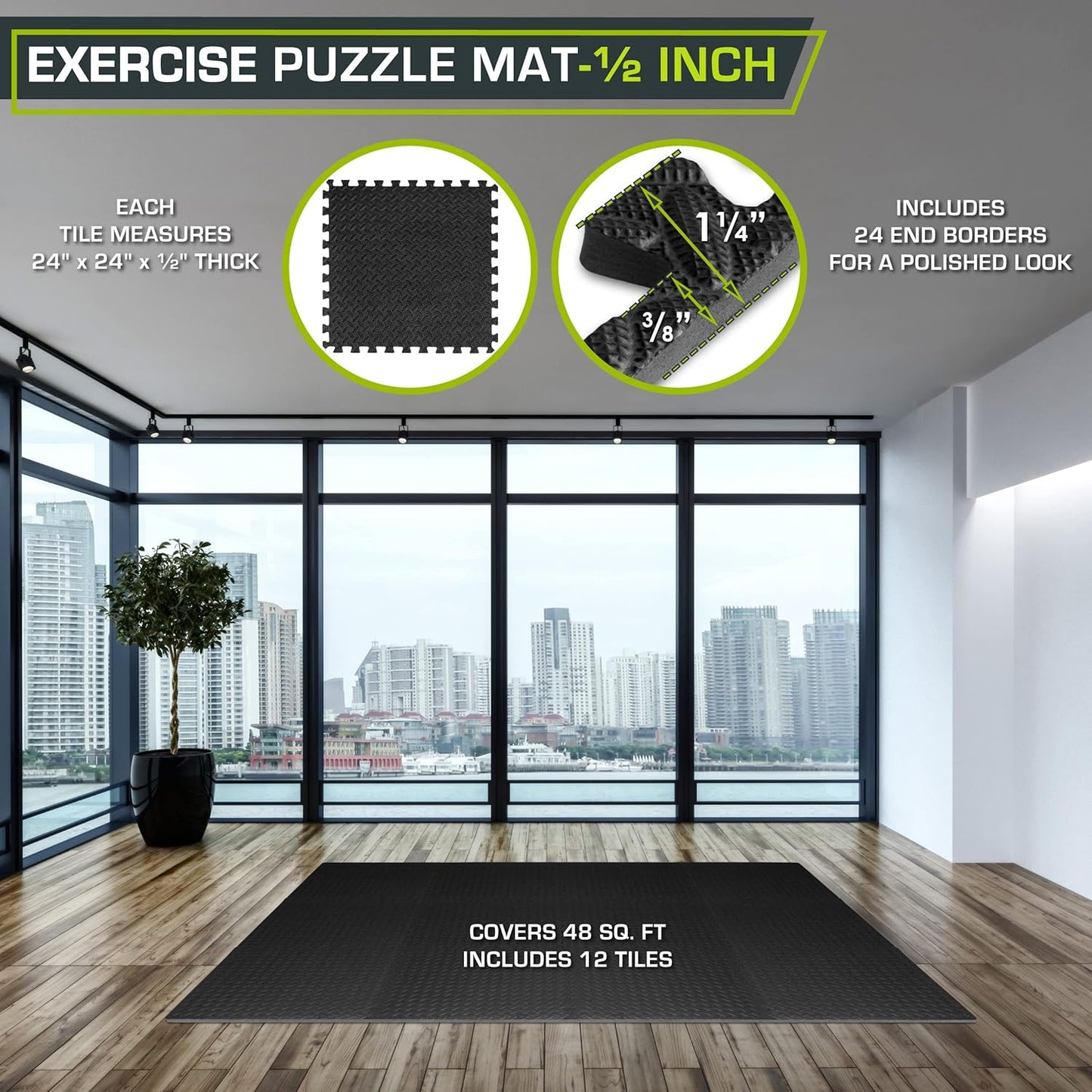 Puzzle-Trainingsmatte, Black - 1/2 Inch - 48 Sq Ft - 12 Tiles