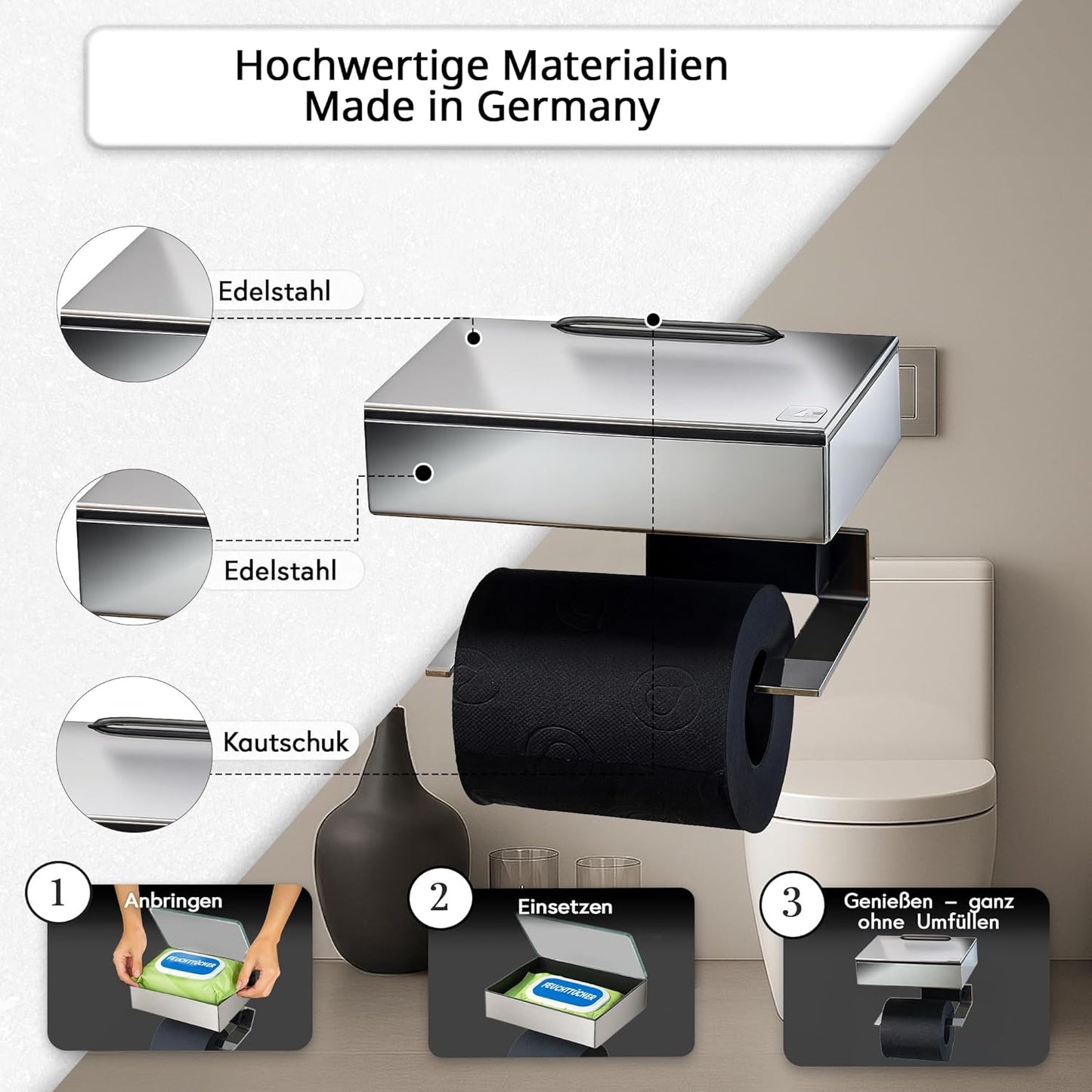 Toilettenpapierhalter mit Feuchttücherbox, Gehäuse Poliert Abdeckung Edelstahl Befüllbar Von Links