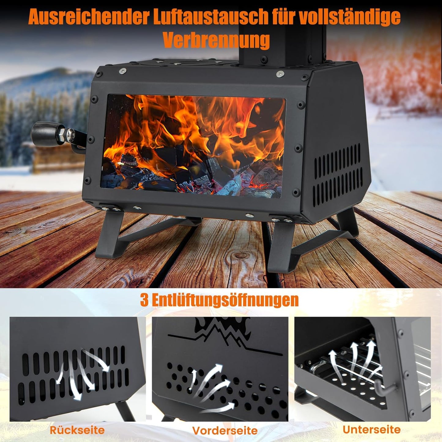 Tragbarer Raketenofen mit Sichtfenster & Kochflächen