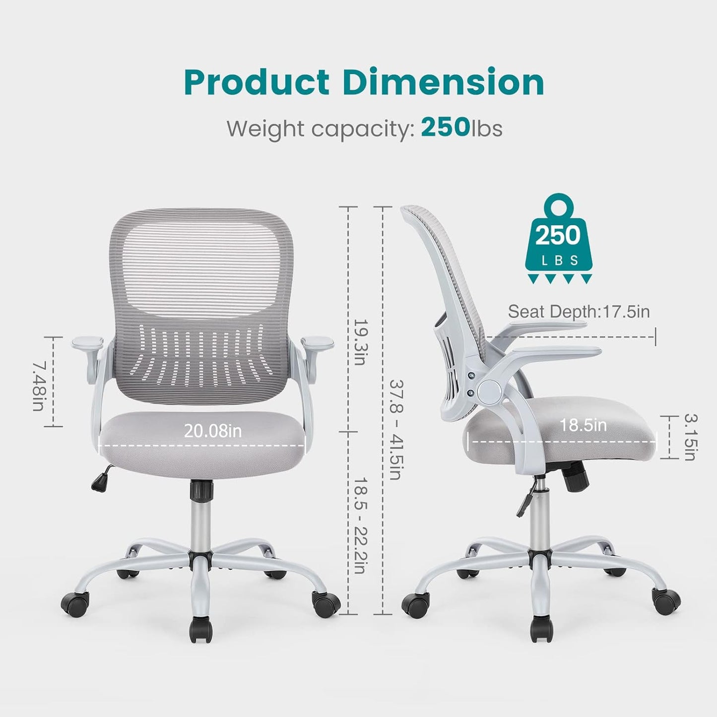 Ergonomischer Bürostuhl mit Lendenwirbelstütze, höhenverstellbar, Verstellbare Armlehnen-gray