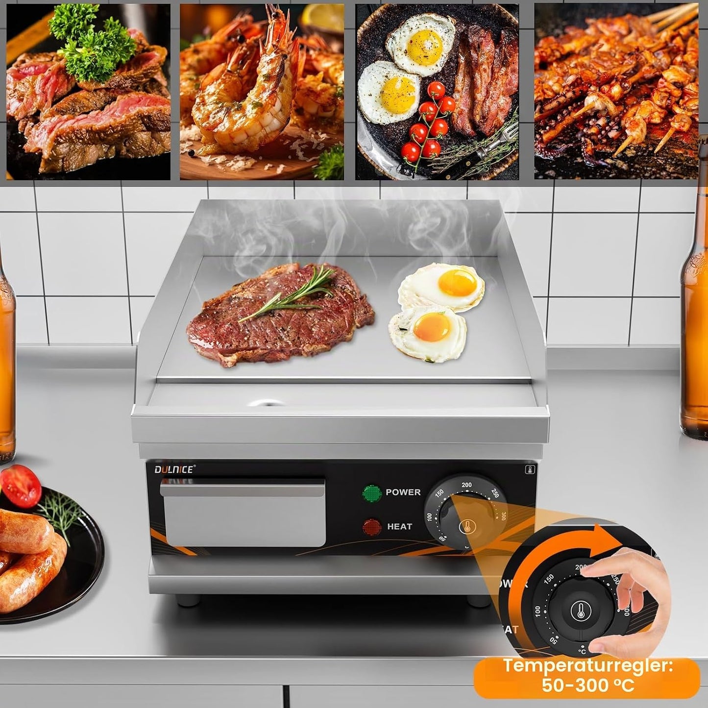 Elektrische Grillplatte mit Temperaturregelung, Silber, 28cm, 1