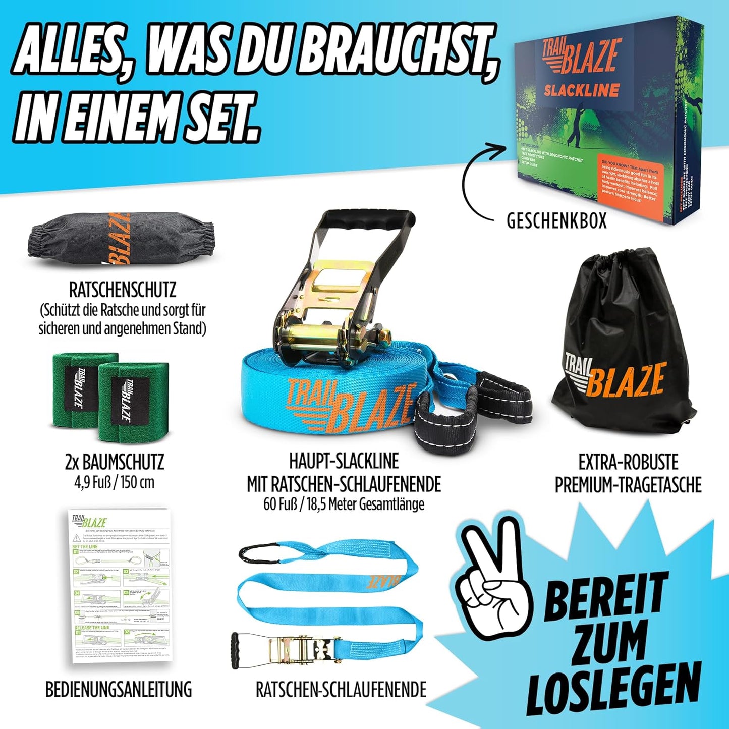 Slackline Komplett-Set für Anfänger, Slackline without Training Line