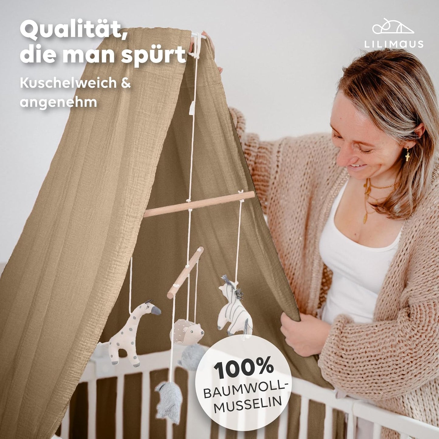 Betthimmel für Babybett inkl. Himmelstange, Dunkelbeige mit Himmelstange