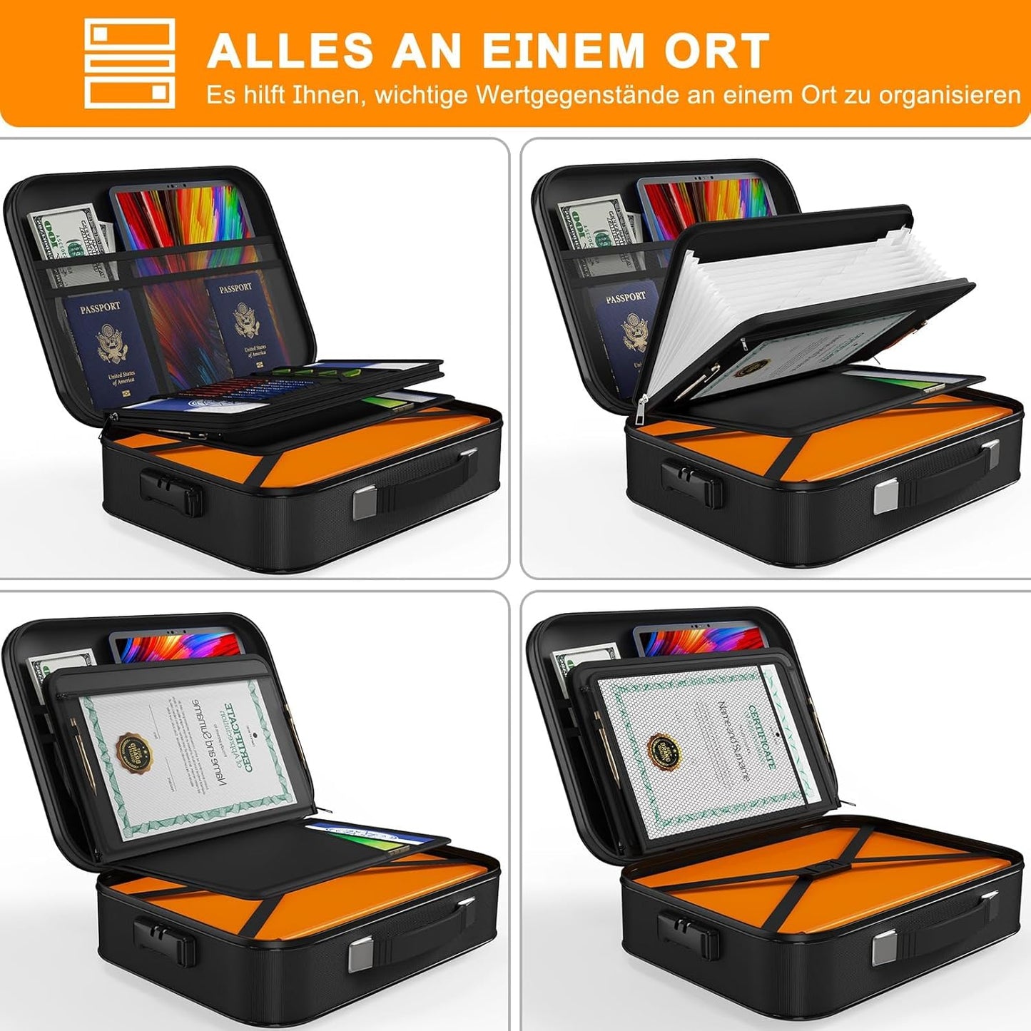 Feuerfeste Dokumentenbox mit Schloss und 13 Fächern, Schwarz XL