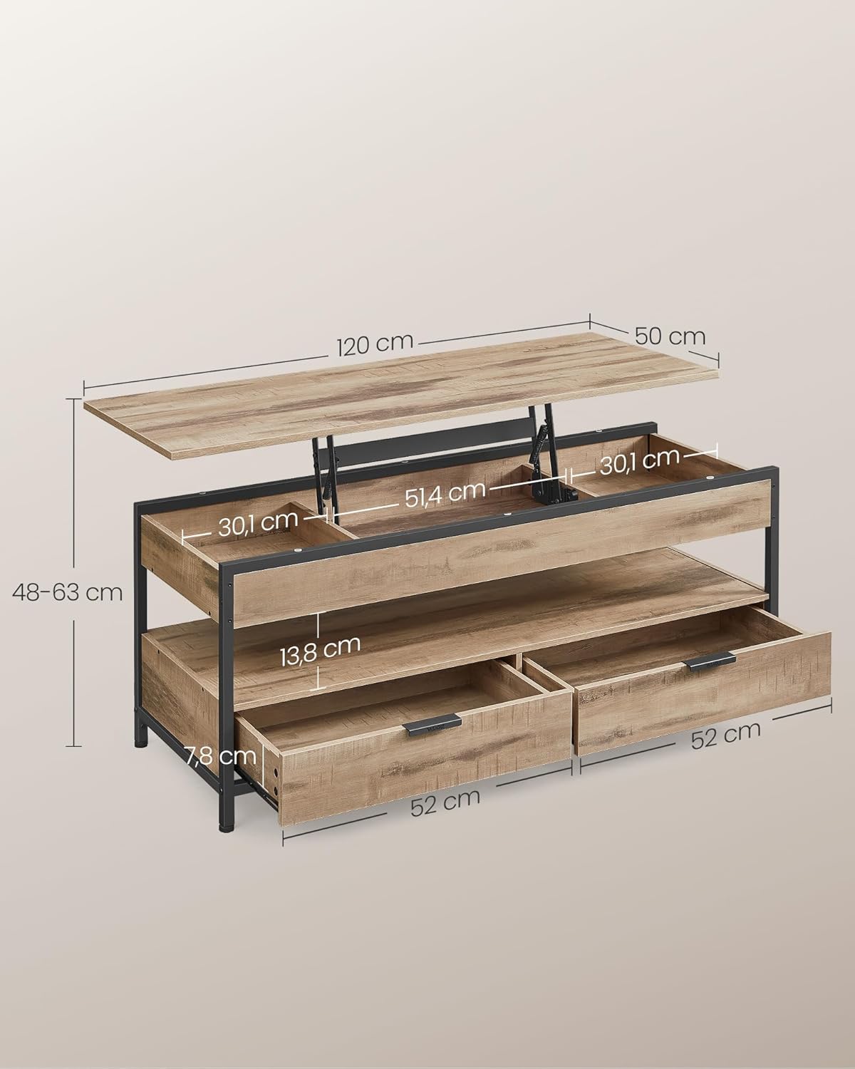 Höhenverstellbarer Couchtisch mit Schubladen und Fach, 50 cm x 120 cm Kamelbraun + Tintenschwarz